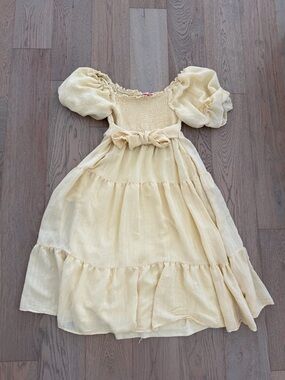 Pink Lily Pale Yellow Puff Sleeve Tiered Midi Dress